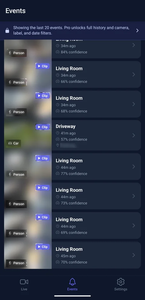 ViewPane — Events tab — list with thumbnails