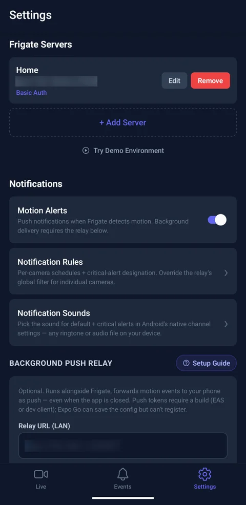 ViewPane — Settings — server + relay config