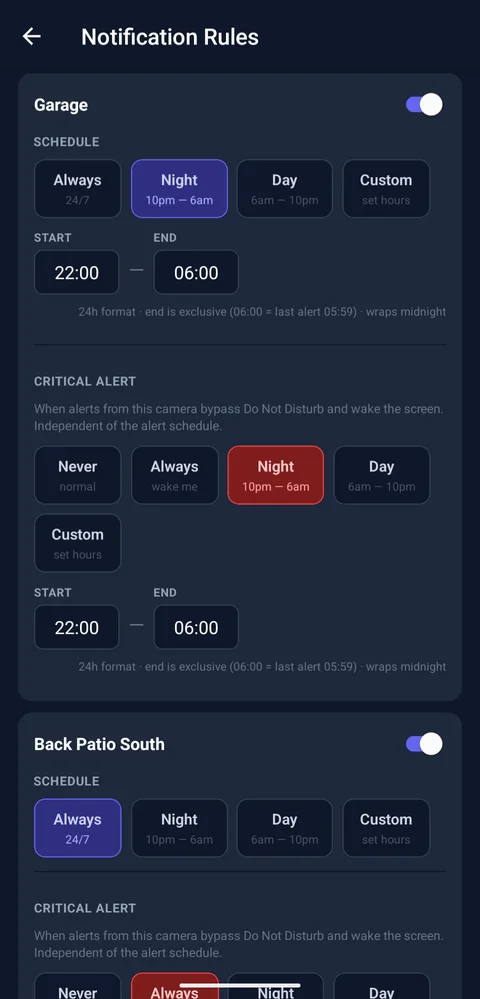ViewPane — Notification rules — per-camera schedules