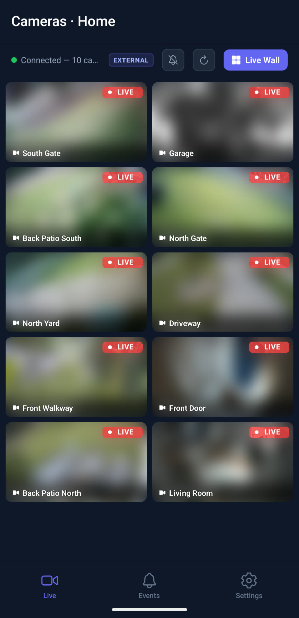 ViewPane on Android: the Cameras tab showing a grid of ten Frigate cameras in Live Wall mode, each with a LIVE badge.